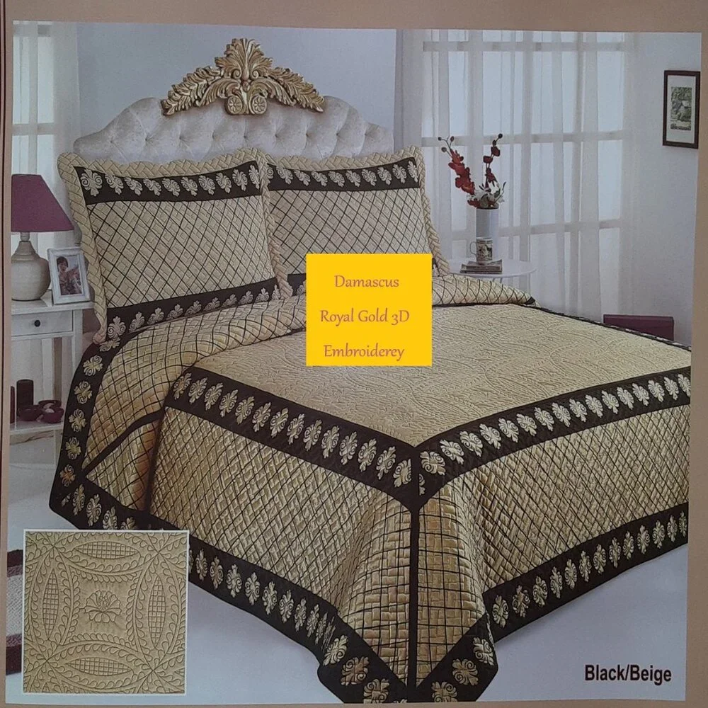 Damascus - Luxury Plush Quilted Bedspread with 3D Embroidery Vintage Royal Gold
